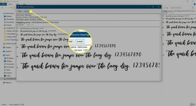 Una captura de pantalla de la ventana de instalación de fuentes en Windows con el botón Instalar resaltado