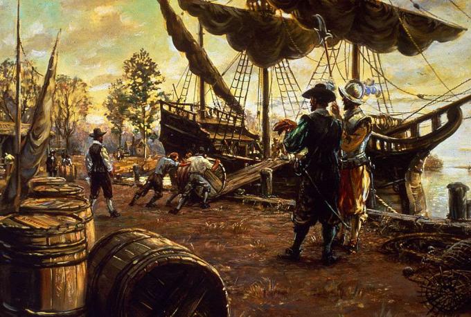 Los colonos enrollan barriles de tabaco por una rampa y suben a un barco en preparación para la exportación, Jamestown, Virginia, 1615.