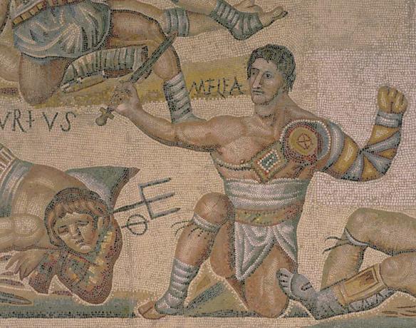 Detalle de un mosaico de una pelea de gladiadores de Torre Nuova