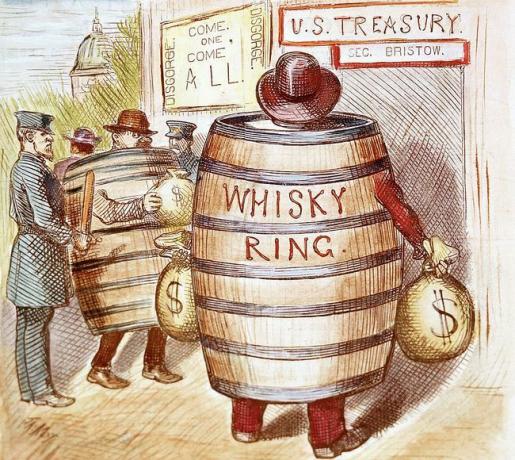 Una caricatura política sobre el escándalo de Whisky Ring que ocurrió durante el segundo mandato del presidente Grant.