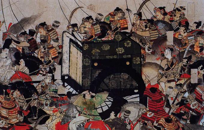 Detalle de Samurai protegiendo un carro real de una pintura de desplazamiento.