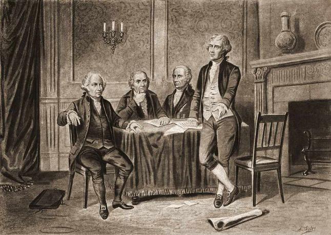 Ilustración de cuatro de los padres fundadores de los Estados Unidos, desde la izquierda, John Adams, Robert Morris, Alexander Hamilton y Thomas Jefferson, 1774.