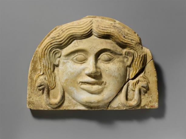 Griego clásico de terracota gorgoneion antefix (teja), segunda mitad del siglo 5 aC