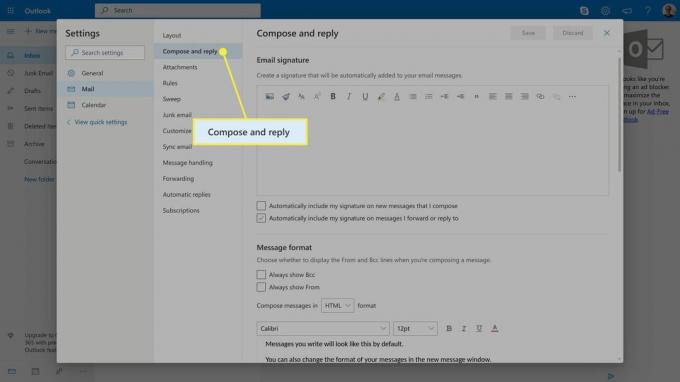 El encabezado Redactar y responder en la configuración de Outlook