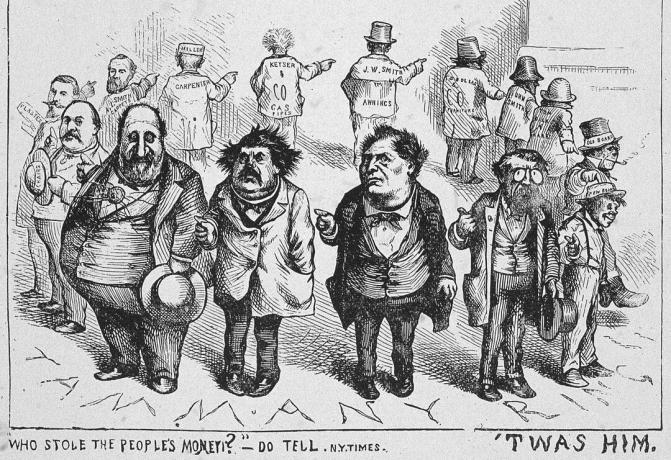 Caricatura de Thomas Nast de miembros de Tweed Ring señalando a alguien más.