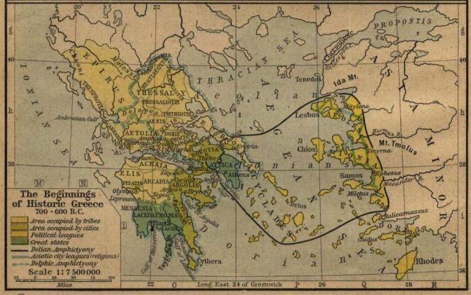 Mapa que muestra Grecia alrededor de 600 a 700 a.C. con el mar Egeo y Asia Menor.