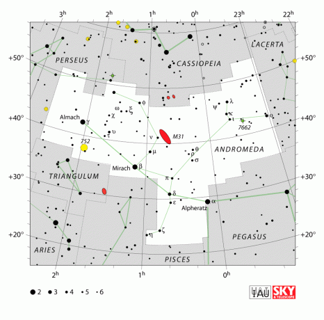Gráfico de la IAU que muestra la constelación de Andrómeda.