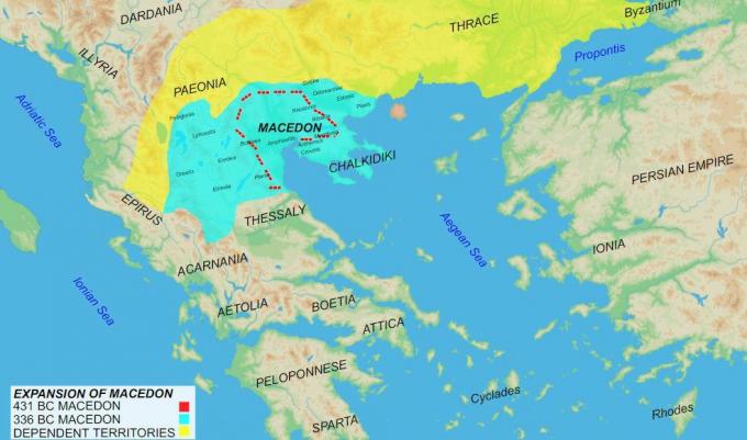 Mapa del Imperio de Macedonia que muestra la historia y el crecimiento.