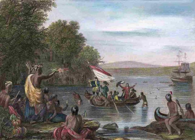 Henry Hudson recibido por nativos americanos