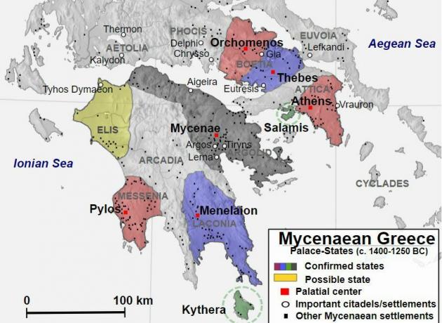 Mapa que muestra Grecia micénica de 1400 a 1250 a.C.