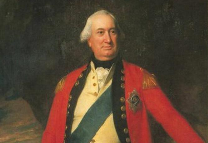 El teniente general Lord Charles Cornwallis de pie en un uniforme rojo del ejército británico.