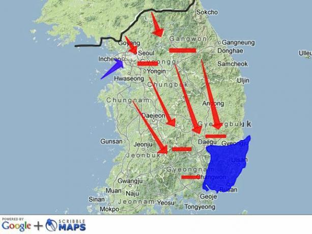 El perímetro de Pusan ​​y el mapa de la invasión de Inchon, Guerra de Corea, 1950