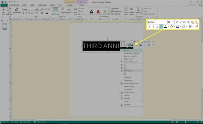 Una captura de pantalla de Microsoft Publisher con las herramientas de formato de texto resaltadas