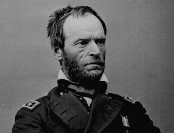 Mayor general William T. Sherman sentado en un uniforme azul del Ejército de la Unión.