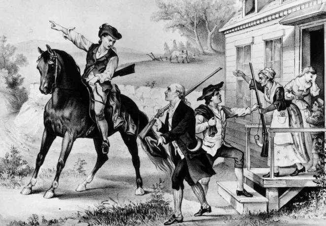 1774: Una reunión de minuteros - milicia colonial de Nueva Inglaterra que estaban listos para luchar contra los británicos en cualquier momento.