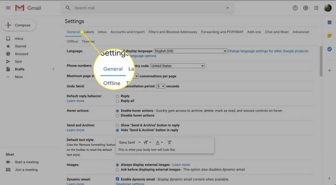 La pestaña General en la configuración de Gmail