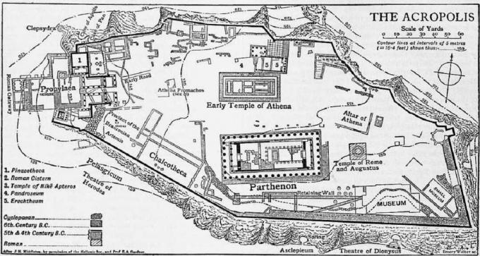 Mapa de papel y tinta que muestra la Acrópolis de Atenas a lo largo del tiempo.