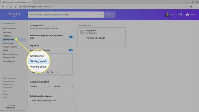 El encabezado "Escribir correo electrónico" en la configuración de Yahoo Mail