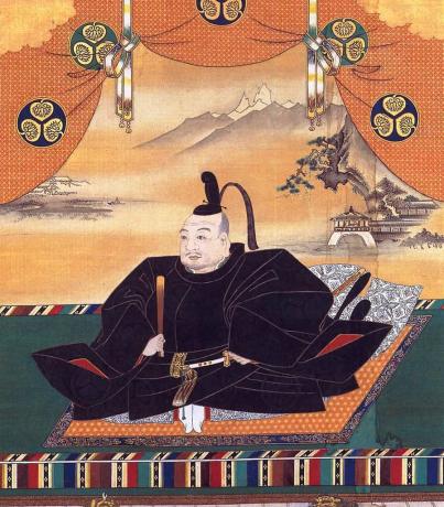 Pintura de Tokugawa Ieyasu sentado sobre una alfombra.