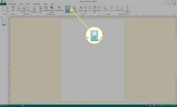 Una captura de pantalla de Microsoft Publisher con el comando Dibujar cuadro de texto resaltado
