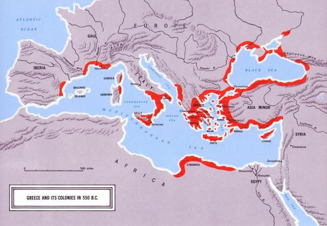 Mapa que muestra Grecia y sus colonias en 550 a. C.