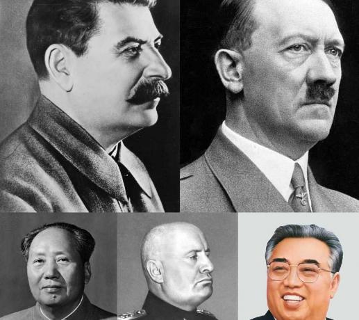 Collage de líderes totalitarios (cada fila, de izquierda a derecha) Joseph Stalin, Adolf Hitler, Mao Zedong, Benito Mussolini y Kim Il-sung.