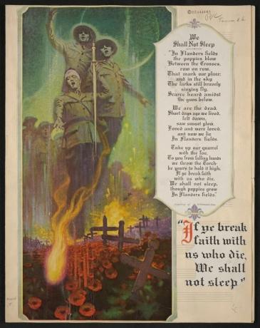 Tres soldados de la Primera Guerra Mundial se incendian en un cementerio, junto a las palabras del poema de John McCrae