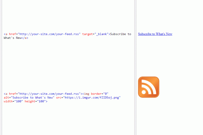 Captura de pantalla que muestra dos formas de vincular a una fuente RSS usando HTML