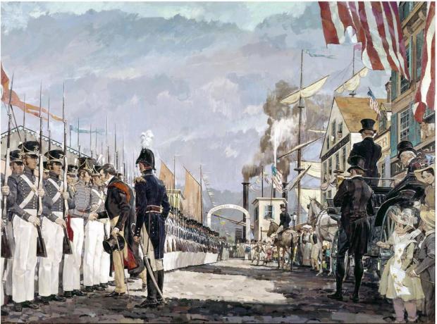 Una pintura en color del marqués de Lafayette reuniéndose con la Guardia Nacional en Nueva York en 1825.