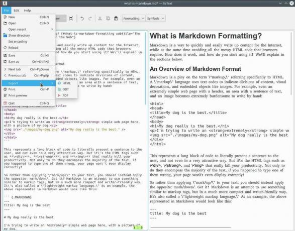 ReText, el editor de Markdown, que muestra la vista previa en vivo y las opciones de exportación.