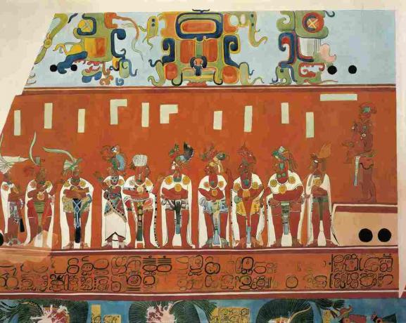 Frescos en Bonampak, Chiapas (México). Detalle mostrando una escena de una fiesta. (reconstrucción)