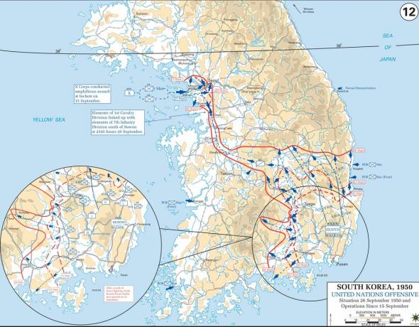 Mapa de Inchon Invasion y Pusan ​​Perimeter Breakout