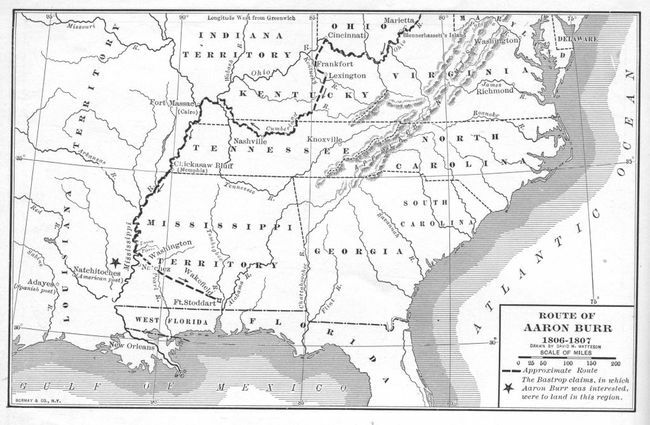 El mapa ilustra la ruta aproximada del ex vicepresidente de EE. UU. Aaron Burr durante su viaje por el río Mississippi en lo que se conoció como la conspiración de Burr en 1806-1807