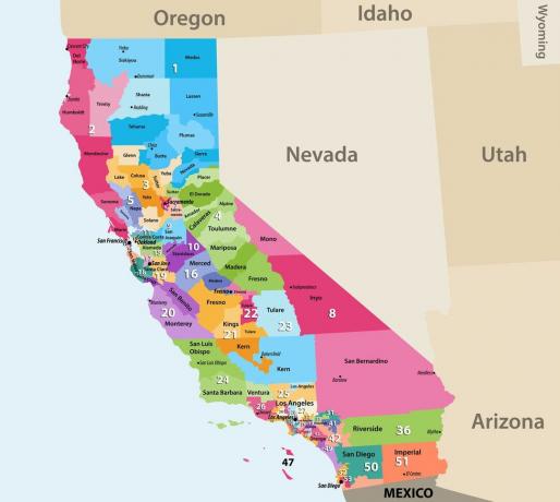 Mapa de los 53 distritos electorales de California en EE. UU.